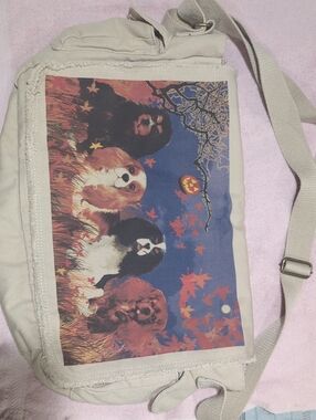 Authentic Pigment Beige Canvas Crossbody Bag with Cute Dog Print